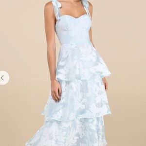 Never Worn - Lulus Drayson Light Blue Floral Burnout Tie-strap Tiered Midi Dress
